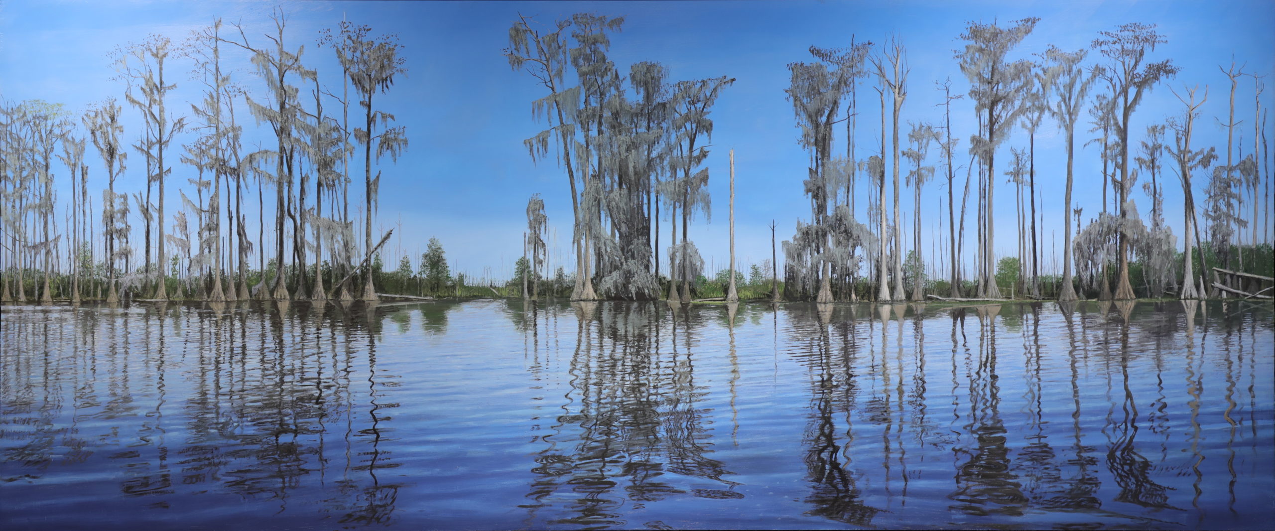 wide landscape painting of Okenfenokee Swamp