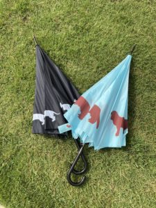 two umbrellas lying on the grass, one black with a white dog and one blue with a red dog.