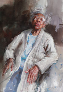 A vertical watercolor portrait of Amelia, a great-grandmother from Savannah, GA