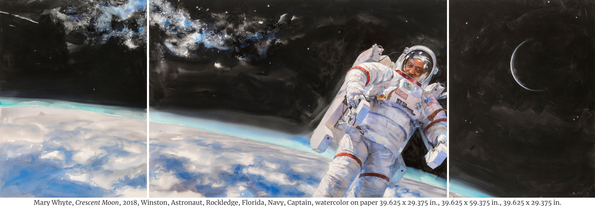A 3-part watercolor painting of an astronaut floating in space with a sliver of the Earth visible across the bottom left