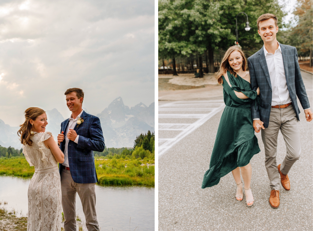two pictures of Morgan and Taylor. Left: At their wedding in Montana. Right: Engagement picture in a park.