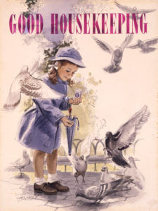 a cover of Good Housekeeping featuring a girl in a blue coat and hat feeding a flock of pigeons