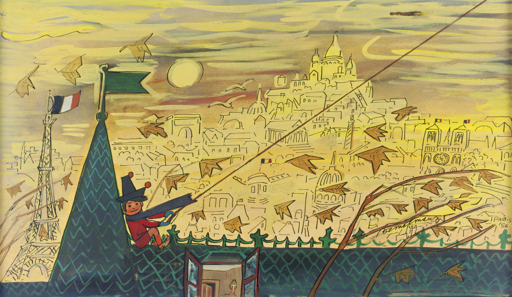 an illustration of a little boy flying a kite while perched on a blue roof in Paris overlooking the city, washed in yellow