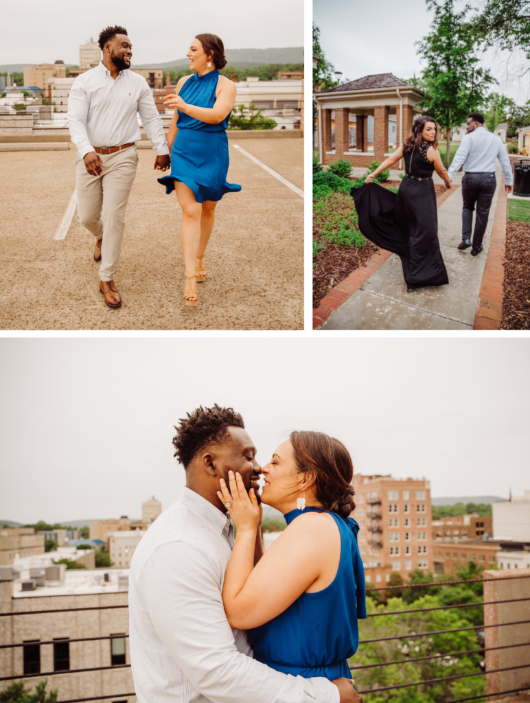 collage of three engagement photos of Emilie and Todd