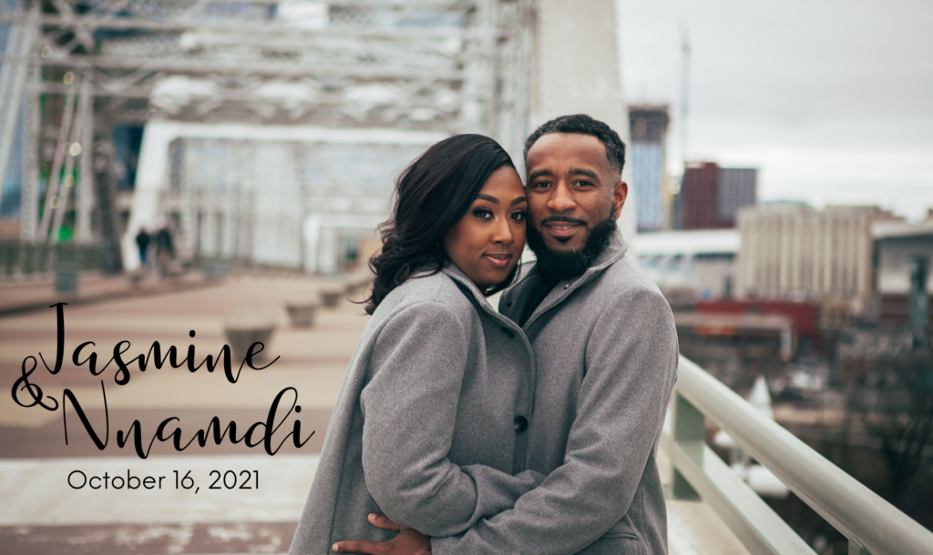 a close-up photo of Jasmine and Nnamdi on a bridge, with their names and wedding date added in text