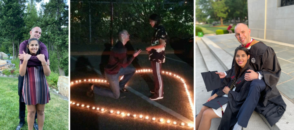 collage of three images of Hannah and Clay. Left: Clay hugging Hannah outside. Middle: Clay proposing outside, kneeling in a heart made of tealight candles. Right: Hannah and Clay sitting on some steps in their graduation robes.