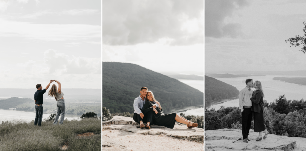 Collage of three engagement photos of Allie and Greg. Left: Greg twirling Allie. Middle: The two of them sitting on a rocky ledge. Right: A black and white photo of them standing and kissing on the rocky ledge.