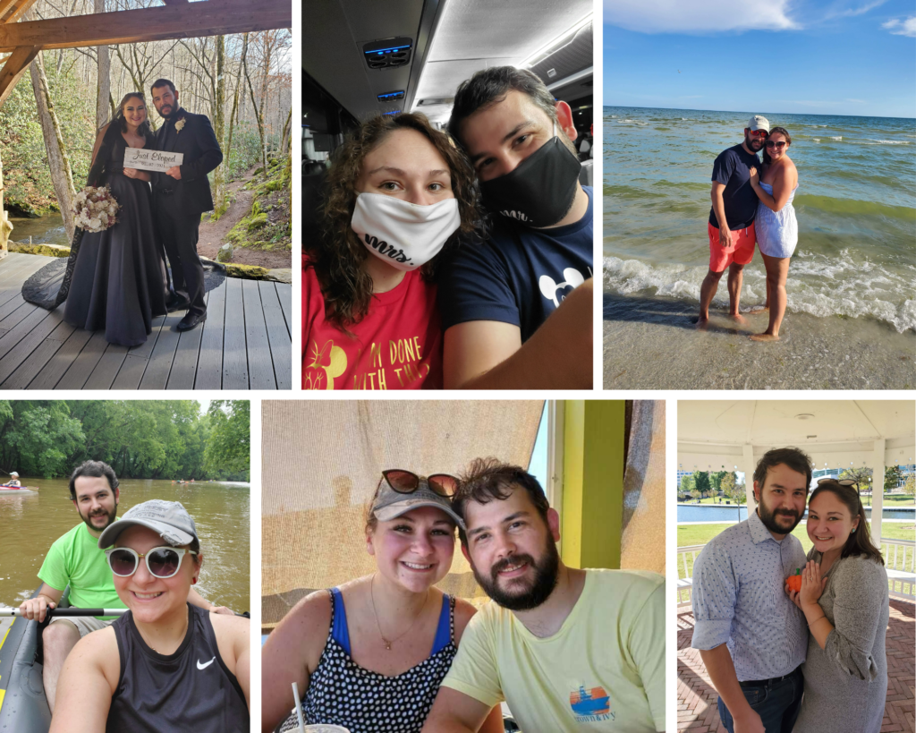 a collage of 6 images of Scarlett and Michael, including their elopement, plane ride to their honeymoon, on the beach, canoeing, and their proposal