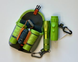 left to right: Pair of green binoculars, shiny green metal flashlight, green rubber flashlight