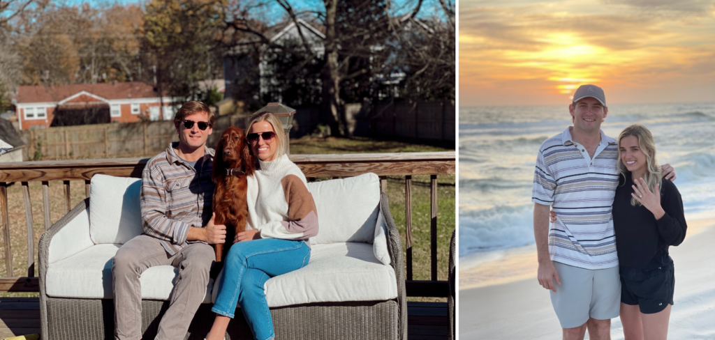 Two photos of the couple. Left: sitting on a couch on a porch with a dog. Right: their engagement at the beach.