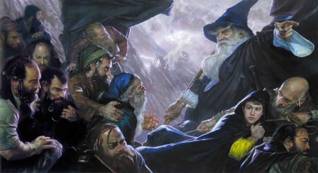 A wide painting with many LOTR characters, created to be the cover of a graphic novel.
