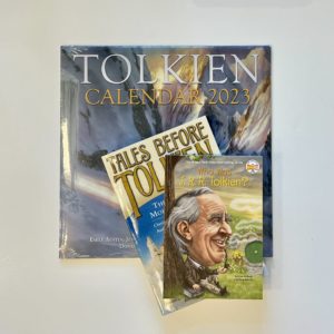a Tolkien calendar, a book called "Tales before Tolkien," and a book called "Who Was J. R. R. Tolkien?"