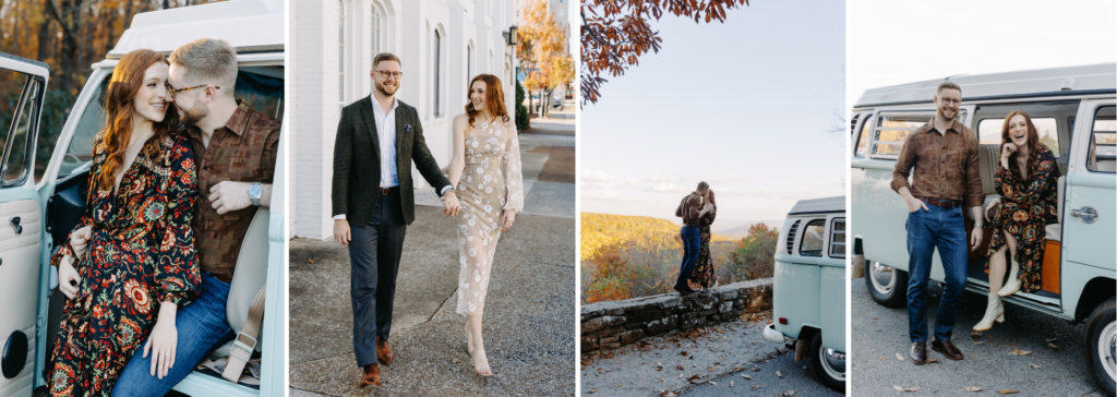 A collage of four engagement photos of the couple. The left, second-to-the-right, and right photos are on Monte Sano, where David proposed, with a VW bus. The second-to-the-left photo is located downtown.