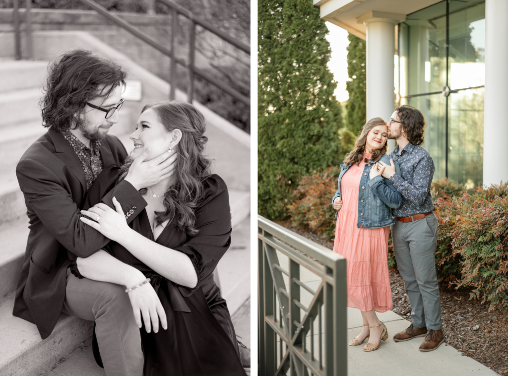 a collage of two photos of Julia and Hayden. Left: black and white photo of the couple on the steps of the Museum. Right: Color photo of the couple outside the back of the museum with foliage.