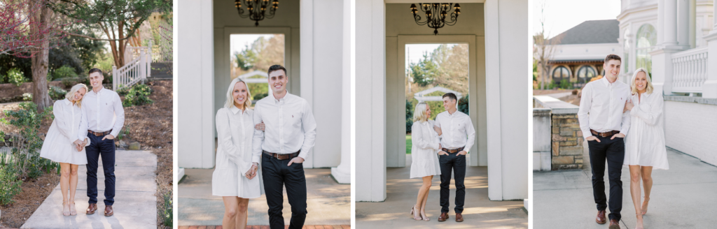 a collage of four engagement photos of the couple in the Huntsville Botanical Gardens