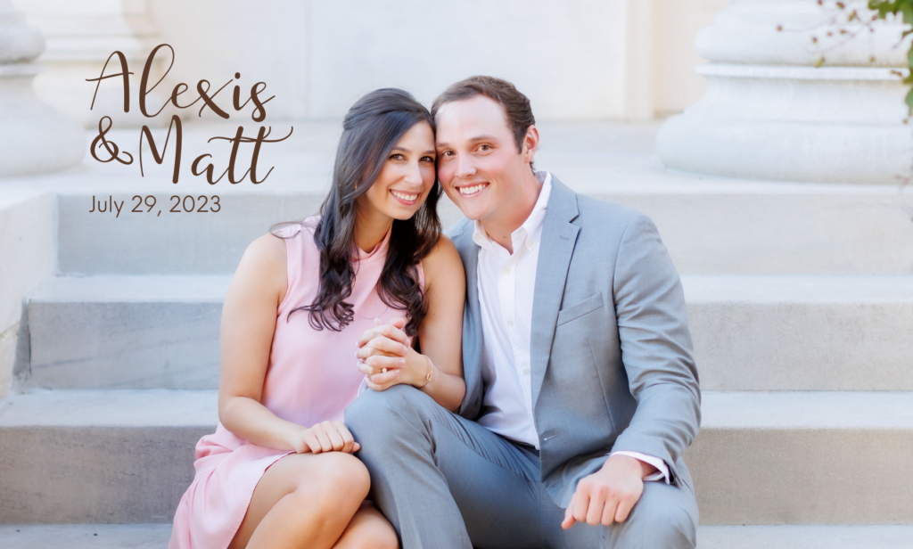 an engagement photo of Alexis on the left and Matt on the right as they hold hands and sit on the steps of a building
