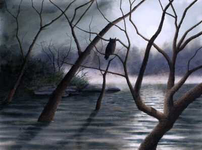 Nightwatch © Alan Shuptrine, watercolor, 20.5×27.5 inches