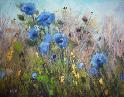 Karen Margulis-(Blue flowers with bees) Summer Buzz-11×14-pastel on paper-2025.